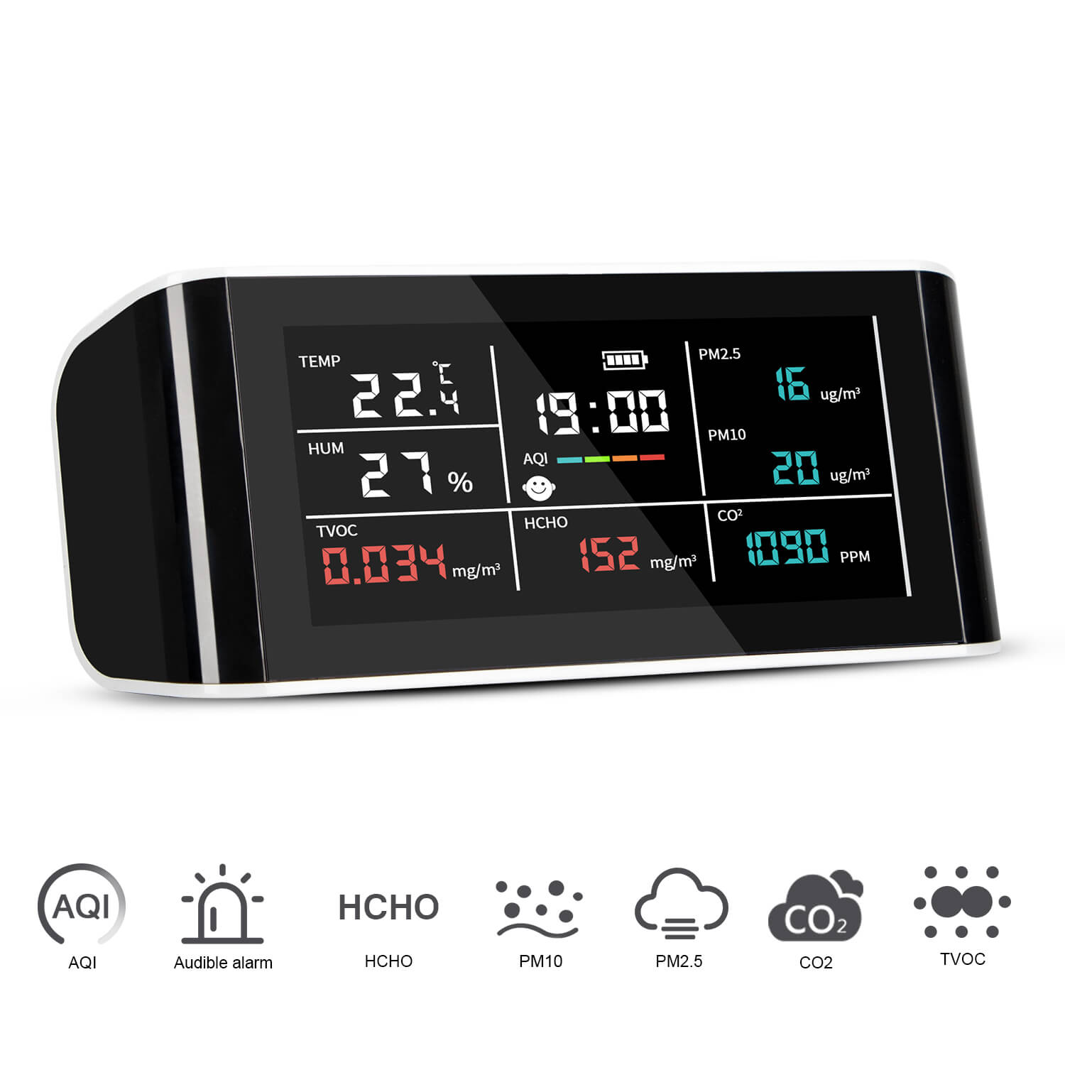 Carefor DM-69 Luftqualitätsmonitor 8 in 1 für CO2, PM2.5, PM10, TVOC, HCHO, AQI, Temperatur und Luftfeuchtigkeit