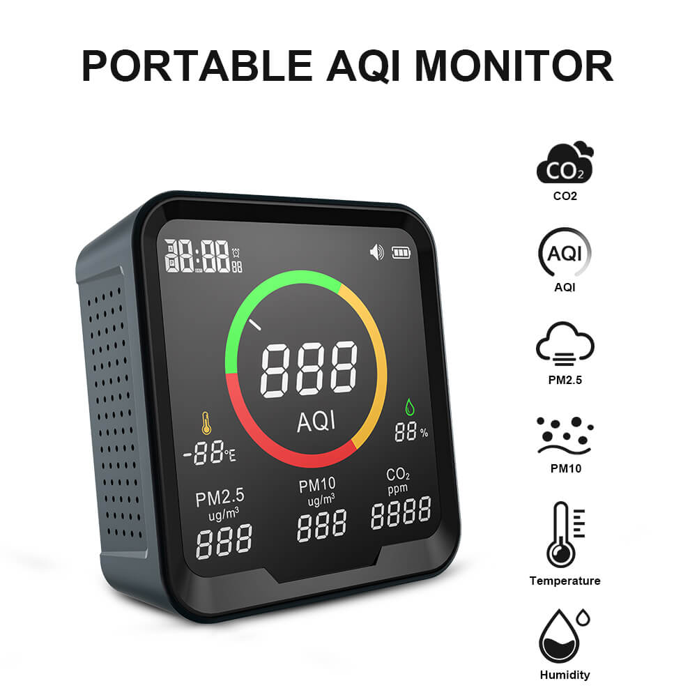 Carefor CF-9A Tragbarer Luftqualitätsmonitor für AQI, PM2.5, PM10, CO2, Temperatur und Luftfeuchtigkeit, mit akustischem Alarm