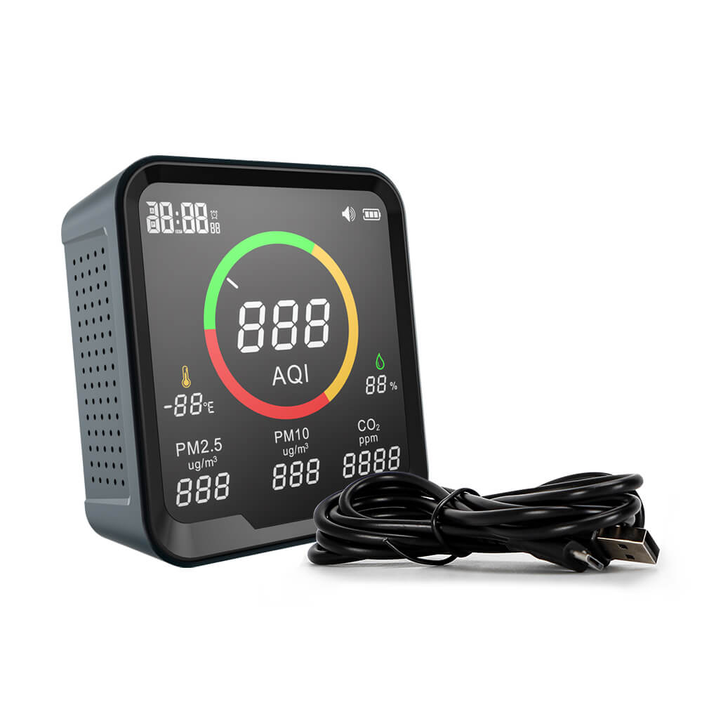 Carefor CF-9A Tragbarer Luftqualitätsmonitor für AQI, PM2.5, PM10, CO2, Temperatur und Luftfeuchtigkeit, mit akustischem Alarm