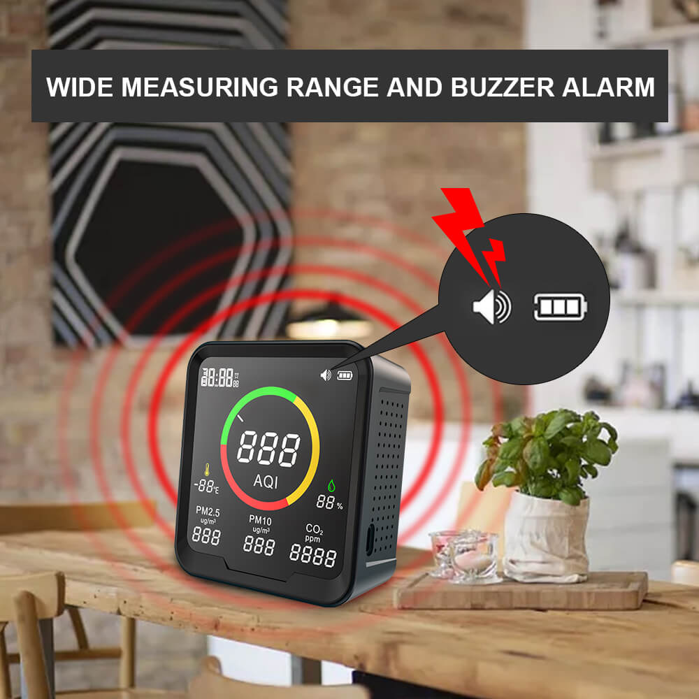 Carefor CF-9A Tragbarer Luftqualitätsmonitor für AQI, PM2.5, PM10, CO2, Temperatur und Luftfeuchtigkeit, mit akustischem Alarm