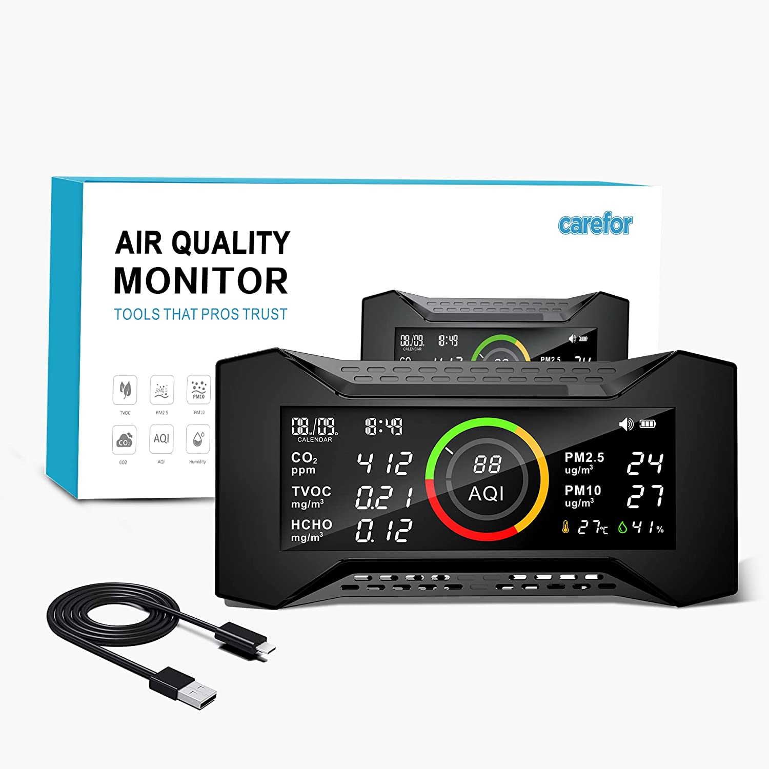 Carefor CF-20 Air Quality Detector for CO2, PM2.5, PM10, TVOC, HCHO, AQI, Temp, Humidity with Data Report(Pre-Sale)