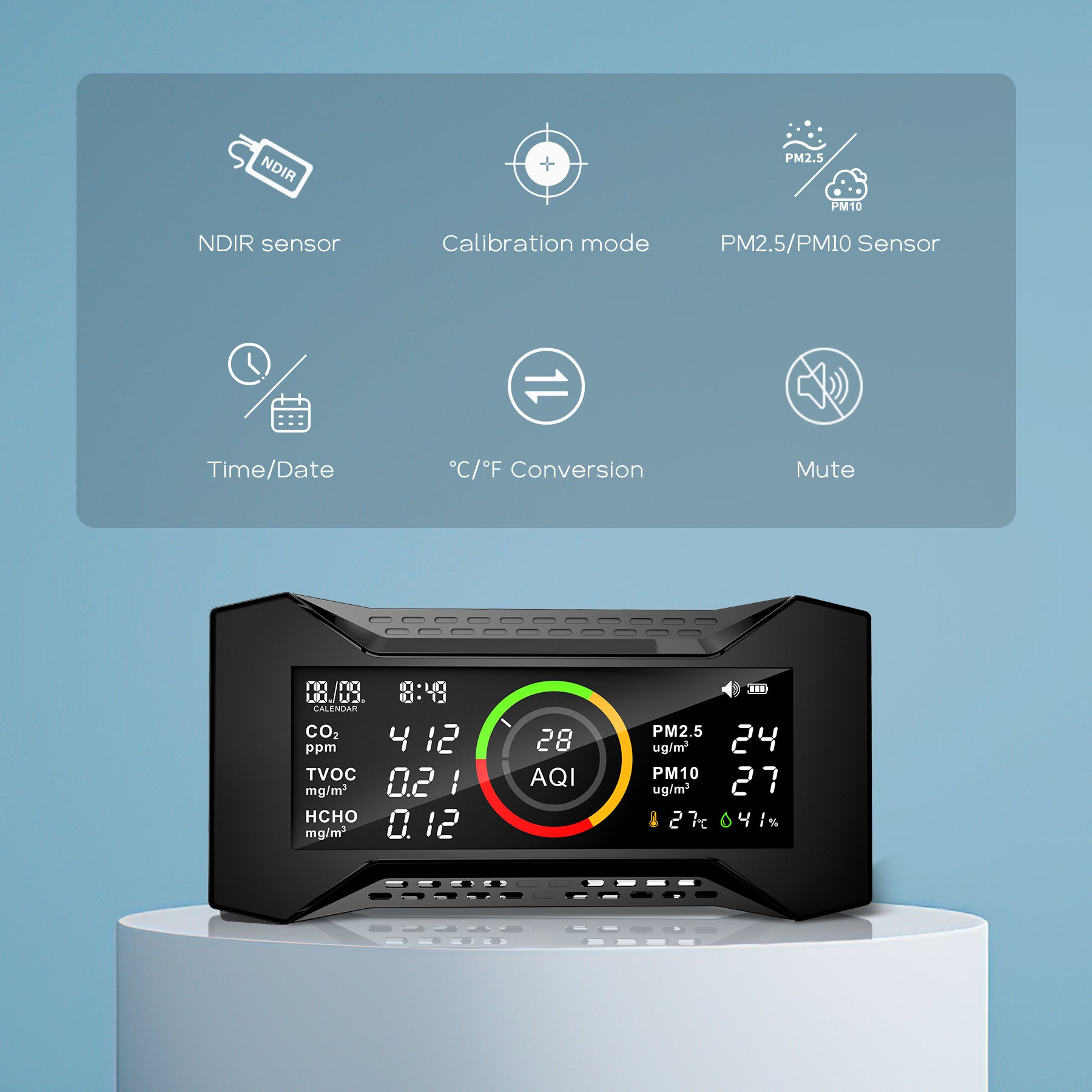 Carefor CF-20 Air Quality Detector for CO2, PM2.5, PM10, TVOC, HCHO, AQI, Temp, Humidity with Data Report(Pre-Sale)