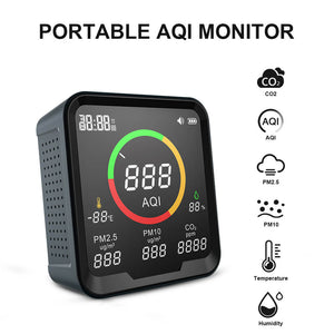 Tragbares Luftqualitätsmessgerät Carefor CF-9A für AQI, PM2.5, PM10, CO2, Temperatur und Luftfeuchtigkeit, mit akustischem Alarm