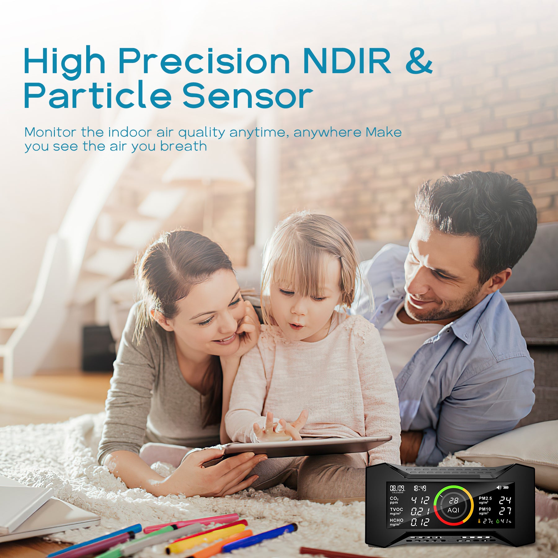 Indoor Air Quality Monitor Detect PM2.5, PM10, AQI, CO2, Temperature, and  Humidity,CO2 Monitor Build-in High Precision NDIR & Particle Sensor